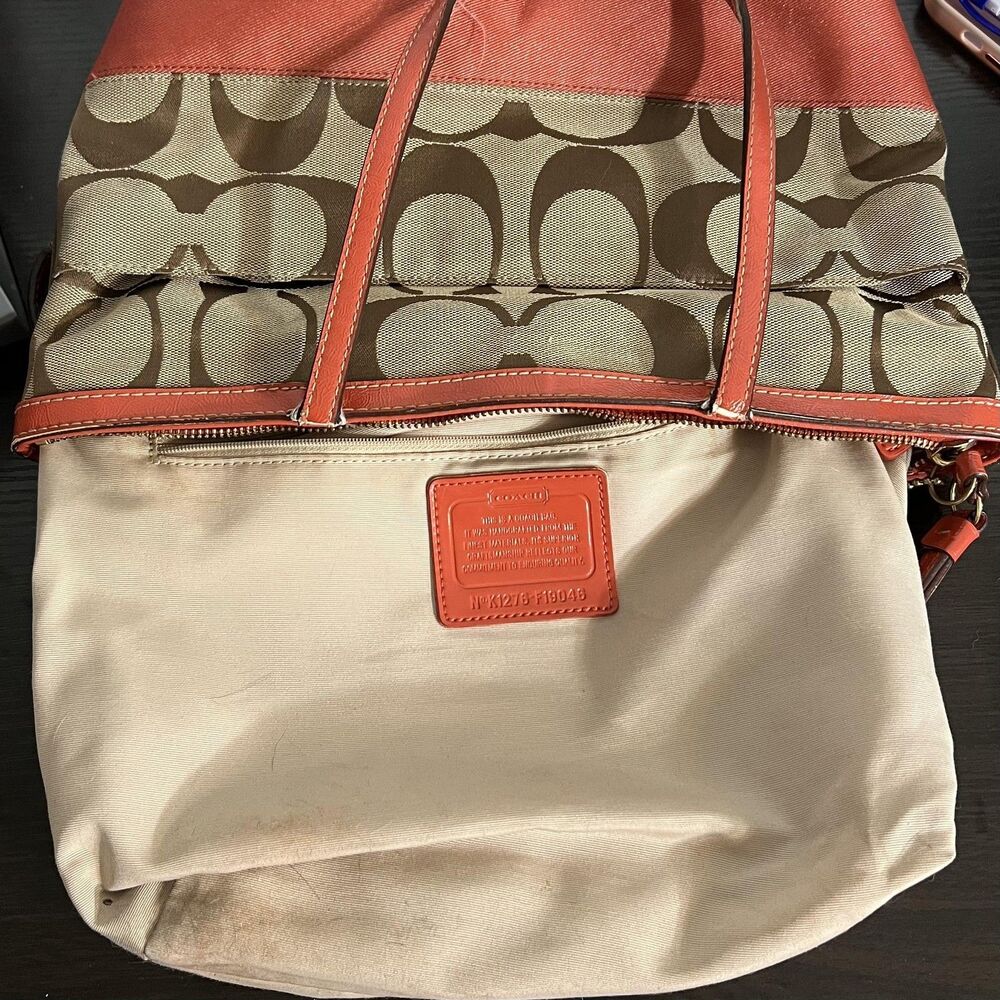 Coach Tote Bag Womens Medium Brown Signature Avary Canvas Orange Patent Trim - Picture 2 of 15